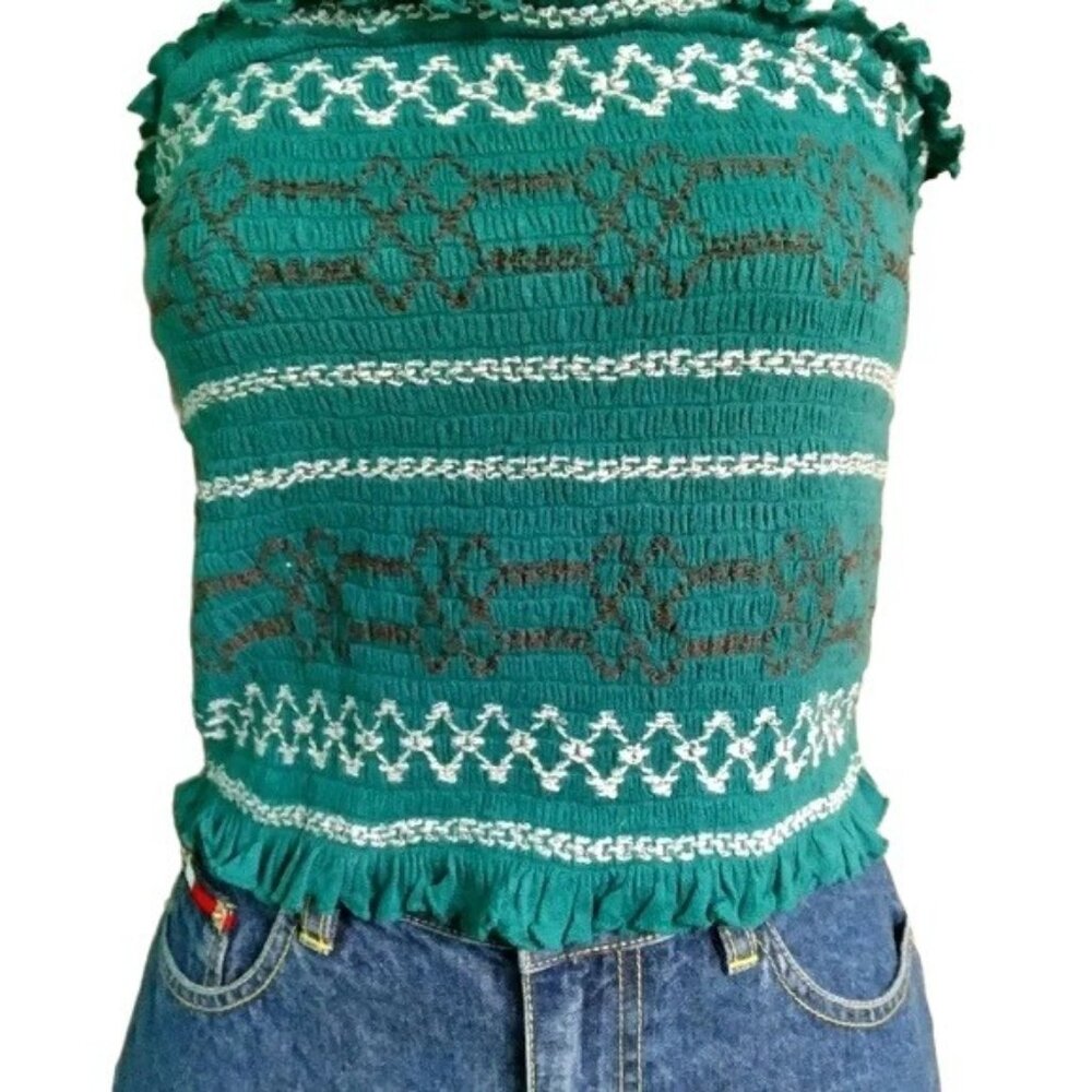 Urban Outfitters Moko Strapless Green Embroidered Smocked Crop Top